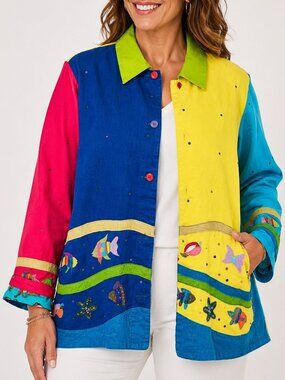 Quacker Factory Fish Jacket Beaded Art Wear Quilted Cotton Linen 1X